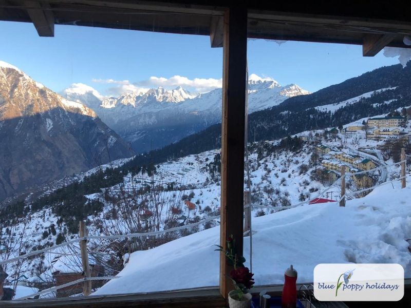 The peaks from the windows of Blue Poppy Resort, Auli, in winter