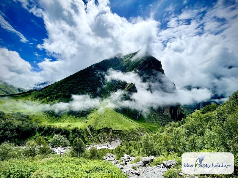 Clouds lifting off a green peak above the meadows of the Valley of Flowers