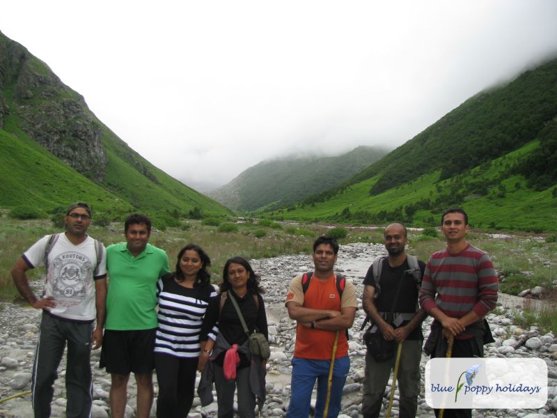 Our trekking group on the Pushpawati river bed, 7 km inside the Valley of Flowers (July 2012)